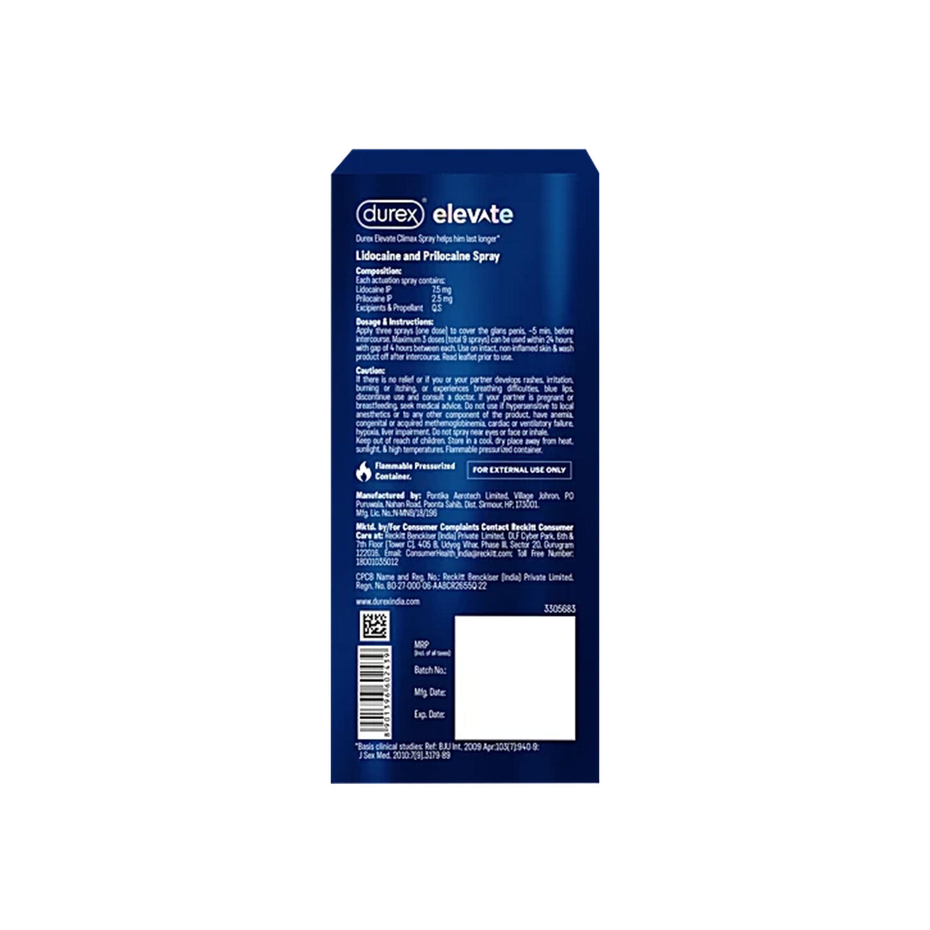 Durex Elevate Climax Delay Spray For Men - Lidocaine & Prilocaine Topical Spray, 20 g